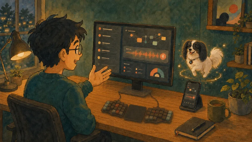 A developer using Codex across desktop and phone while Georgie floats beside the screens