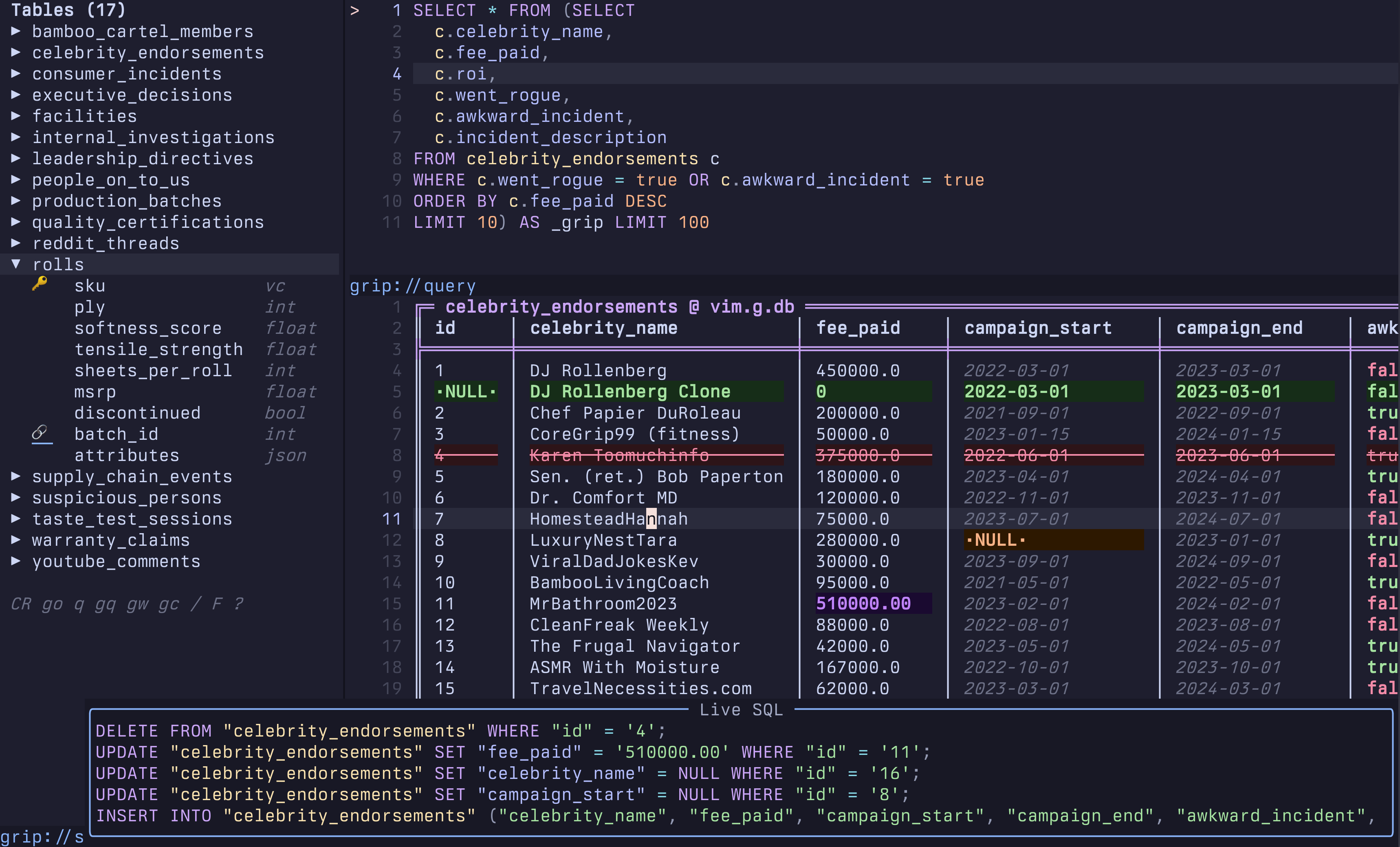 Dadbod Grip in Neovim with schema navigation, a query editor, staged grid changes, and generated SQL.