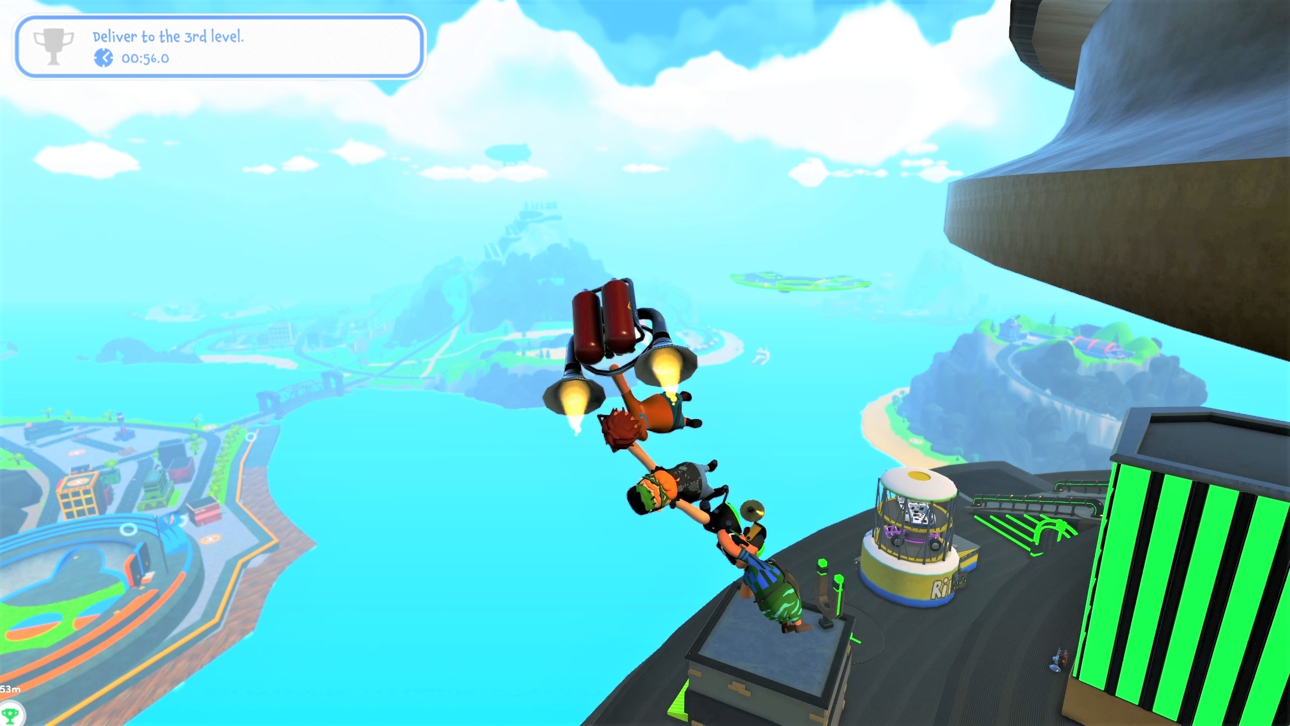Four Totally Reliable Delivery Service ragdolls hanging in a chain beneath a flying jetpack.